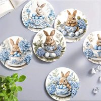 2D 6PCS 10CM Easter Rabbit Flowers Wooden coasters Coffee shop Furniture decoration Gift Desktop protection Photography props
