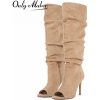Onlymaker Women Peep Toe Pleat Slouch Knee High Boots Stiletto Heel Faux Suede Dress Boots Fall Winter Open Toe Fashion Boots