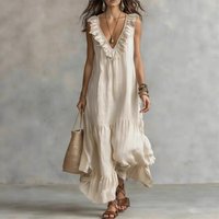 Summer Dresses For Woman Casual Resort Wear 2026 New Solid Color Sleeveless Cotton Linen V-Neck Big Swing Beach Tunic Ruffle Sea