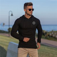 Autumn Breathable Thin Gym Bodybuilding Men Fahion Knitted Striped Fitness Training Running Long Sleeve Pullover Hooded T-shirt