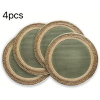 4pc Rustic Style Round Placemats Suitable for Dining Table Light Beige and Green Table Mats Hand Washable Elegant Placemats 35CM