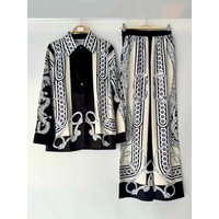 Spring 2026 women's retro geometric print lapel straight shirt two-piece suit+elastic waist loose wide-leg trousers fashion suit
