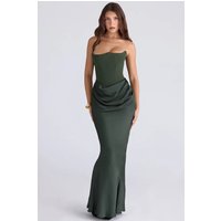 2026 New Multi Colored Waist Cinched Strapless One Shoulder Fishbone Pleated Long One-piece Dress with Hips Wrapped in Satin