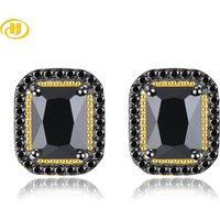 Natural Black Spinel Sterling Silver Yellow Gold Plated Stud Earring 5.8 Carats Genuine Gemstone Classic Unisex Origianl Design
