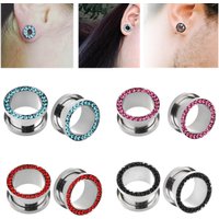 1 Pair Stainless Steel Screws Flesh Tunnel CZ Zirconia Ear Plugs Expander Stretcher Piercing Jewelry 2G-5/8"