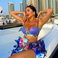 YOUR BUMP CURVE Printed Blue Two-Piece Women'S V-Neck Sleeveless Short Top High Waist Mini Skirt Sexy Sequined Two-Piece Set