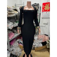 Women Luxury sparkle Diamond Design Celebrity Evening Sexy Long Bandage Dress Long Sleeved Black Fashion Cocktail Party Gowns