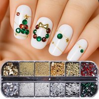 12 Grids Christmas Nail Art Decor Red Green Rhinestones Star Bow Steel Ball Nail Charms Jewelry DIY Manicure Accessories Tools