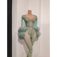 Sexy Sparkly Rhinestone Long Sleeves Mesh Stretch Jumpsuit Women Celebrity Evening Party Nightclub Bar Stage Performance Outfit