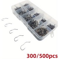 300/500 carbon steel fishing hook set, including sizes 3-12, with barbed sharp hooks