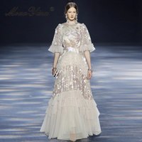 MoaaYina 2025 Spring and Summer Round Neck Trumpet Sleeves Embroidered Puff Mesh Grand Swing Dress Skirt Long Dress
