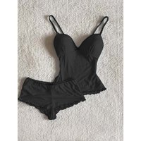 Pure Desire Black Strapless Sleepwear Set Women's Summer Sexy Large Size Polka Dot Shorts Home Clothes Set with Chest Pad
