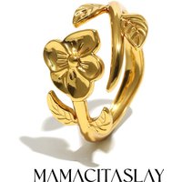 MamacitaSlay 316L Stainless Steel Flower Thread Geometric Open Ring 18K Gold Plated Waterproof Ring Women's Creative Ring Gift