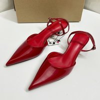 Brand Patent Leather Red Women Pumps Sexy Pointed Toe Slingback Shallow Party Dress Wedding Bridal Mid Heels Shoes for Ladies
