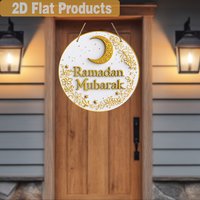 Ramadan Wall Art, Golden Crescent Moon & Star Sign, 2D Islamic Door Hanging Decoration for Indoor Outdoor Home Ramadan De
