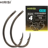 Hirisi 15pcs PTFE Coated High Carbon Stainless Steel Barbed Fish Hook With Eye X503 Fishing Accessories