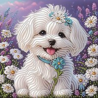 A set of "White Puppy Wearing Flowers" 5D Diamond Painting Kit, DIY handmade craft, partially adorned with irregular diamonds
