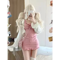 Y2K Clothes 2 Piece Sets Womens Outfits Cropped Sweater Cardigan Coat Backless Ruffles Bodycon Mini Dress Suit Knit Korean Set