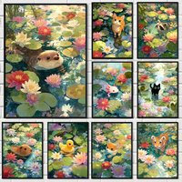 Cute Animals in Lily Pond Poster Otter Axolotl Cat Cub Prints Diamond Painting Wall Art Pictures for Living Room Home Decor