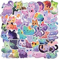 50/100Pcs Cartoon Rainbow Starry Sky Cat Stickers, Cute Aesthetic Cat Waterproof Stickers for Water Bottle, Laptop, Phone,