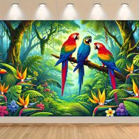 1 vibrant parrot in a tropical rainforest polyester background, colorful party banner for home, kitchen, and general use