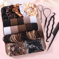 Women Dark Hair Accessories Set Elastic Seamless Ponytail Scrunchies Small Rubber Bands Fashion Hair Ties Headbands
