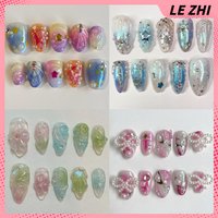 10Pcs Handmande Almond Press On Fake Nails Sticker 3D Flower Hand Painted Gel for High Quality Nail Art Customizable Nail Art