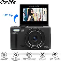 Ourlife Kompakte digitale Fotokamera 4K 18X Digitalzoom Vintage Videorecorder 180 ° Flip-Screen-Kameras WiFi WebCam