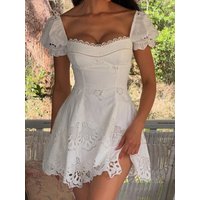 Lace Hollow Mini White Dress Chic Women's Bubble Sleeve Square Neck A-line Pleated Dress 2026 Women's Holiday Beach Robe