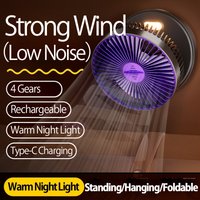 2-in-1 Desktop & Wall Fan, 4 Speeds, 90° Foldable, 1200mAh/4800mAh Rechargeable, Warm Light, Quiet Portable USB Fan for Home Use