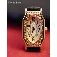 Vintage Women Wing Tip Golden Quartz Watch Genuine Leather Strap Pin Buckle Office Ladies Work Watches Accessory Retro Style