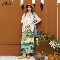ELFSACK Graffiti Printed Pleated Midi Skirt, Colorful Cartoon Pattern A-Line Skirt, Casual Elastic Waist Skirt for Women