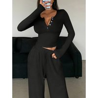 Women's Sexy V-Neck Pajama Set Long-Sleeve Buttons Decor Collar Crop Top And Elastic Pant Comfortable Relaxed Fit Sleepwear Pjs