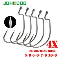JOHNCOO 10pcs 4X Blood Fishing Hook Carbon Steel Wide Crank Hook Offset Fishhook Soft Worm Barbed Hook Carp Fishing Hooks