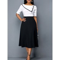 Womens Half Sleeve Elegant Button Crew Neck Casual Work Business Party Fit And Flare Patchwork Skater Swing A-Line Dress