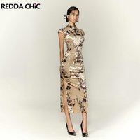 REDDACHiC Gold Velvet Women Cheongsam Chinese Qipao Flower Cap Sleeves Side Slit Midi Long Dress Elegant Evening Party One-piece