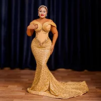 Pretty Pleated Off Shoulder Glitter Lace Formal Occasion Dress Aso Ebi Wedding Guest Gowns African Gold Mermaid Evening