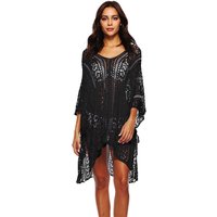 Women Beach Cover Up Crochet Sexy Deep V-Neck Side Slit Short Sleeve Hollow Out Dress Knitted Fashion Cover-Ups Knitting Smock