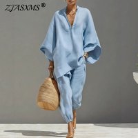 Female Clothing Two Piece Set 2026 Spring V Neck Loose Top Pullover & Long Pants Outfits Woman Batwing Sleeve Vintage Suit Mujer