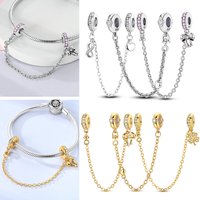 Safety Chain Charms Bead Fit Original 925 Sterling Silver Heart Bow Star Moon Safety Chain Charm Bracelet Women DIY Jewelry Gift