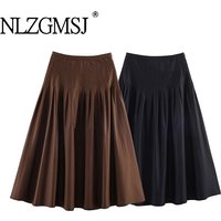 Nlzgmsj 2026 New Vintage Solid Color Midi Skirt Wrinkles Waist Long Skirts For Women Fashion High Street Casual Holiday Skirt