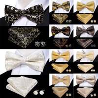 Beige Champagne Gold Silk Mens Bow Tie Hanky Cufflinks Set Jacquard Floral Pre Tied Butterfly Bowtie for Male Wedding Business