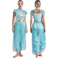 Womens Halloween Arabian Princess Costume Gems Sequin Tulle Rompers Belly Dance Jumpsuit for Carnival Aladin Theme Party Cosplay