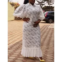 White Lace Dresses for Women Wedding Guests Elegant Turn Down Collar Puff Sleeves Pleated Hem Midi Dress Luxury Occasion Clothes