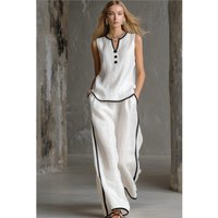 Casual Women Color Blocking Loose Sleeveless Button Vest Elastic Waist Wide-leg Pants Two Peice Set Summer V-Neck Ladies Outfit