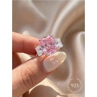 925 Sterling Silver Pink Four Claw Rectangular Three Zircon Ring For Women Engagement Wedding Luxury High Quality Fine Jewelry