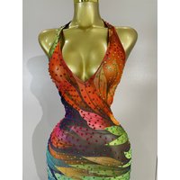 Sexy Halter V Neck Sparkly Colorful Rhinestone Mesh Long Dress Women Birthday Evening Party Prom Dress Club Singer Stage Costume