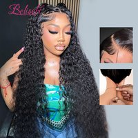 Beliself Water Wave Pull Go Glueless Wigs Human Hair with Drawstring 13x6 HD Lace Frontal Wig 300 Density Curly Human Hair Wigs