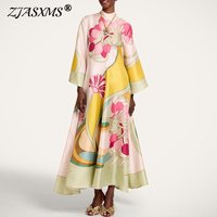 Vintage Art Floral Printed Satin Dress Womens New Flared Sleeve Loose A Line Maxi Dress Boho Summer Beach Resort Elegant Dresses