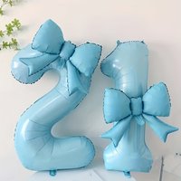 2pcs/Set Blue Number & Bow Foil Balloons with Glue Dots, Valentine's Birthday Wedding Engagement Anniversary Holiday Party Decor